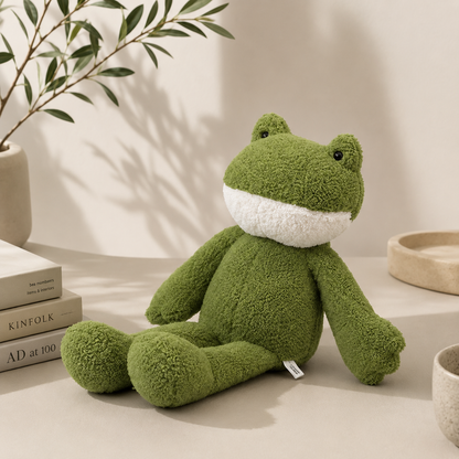 Green plush toy frog on a neutral background with books and decor items.