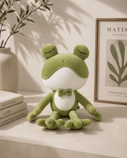 Green plush frog toy on a surface with a plant and books in the background