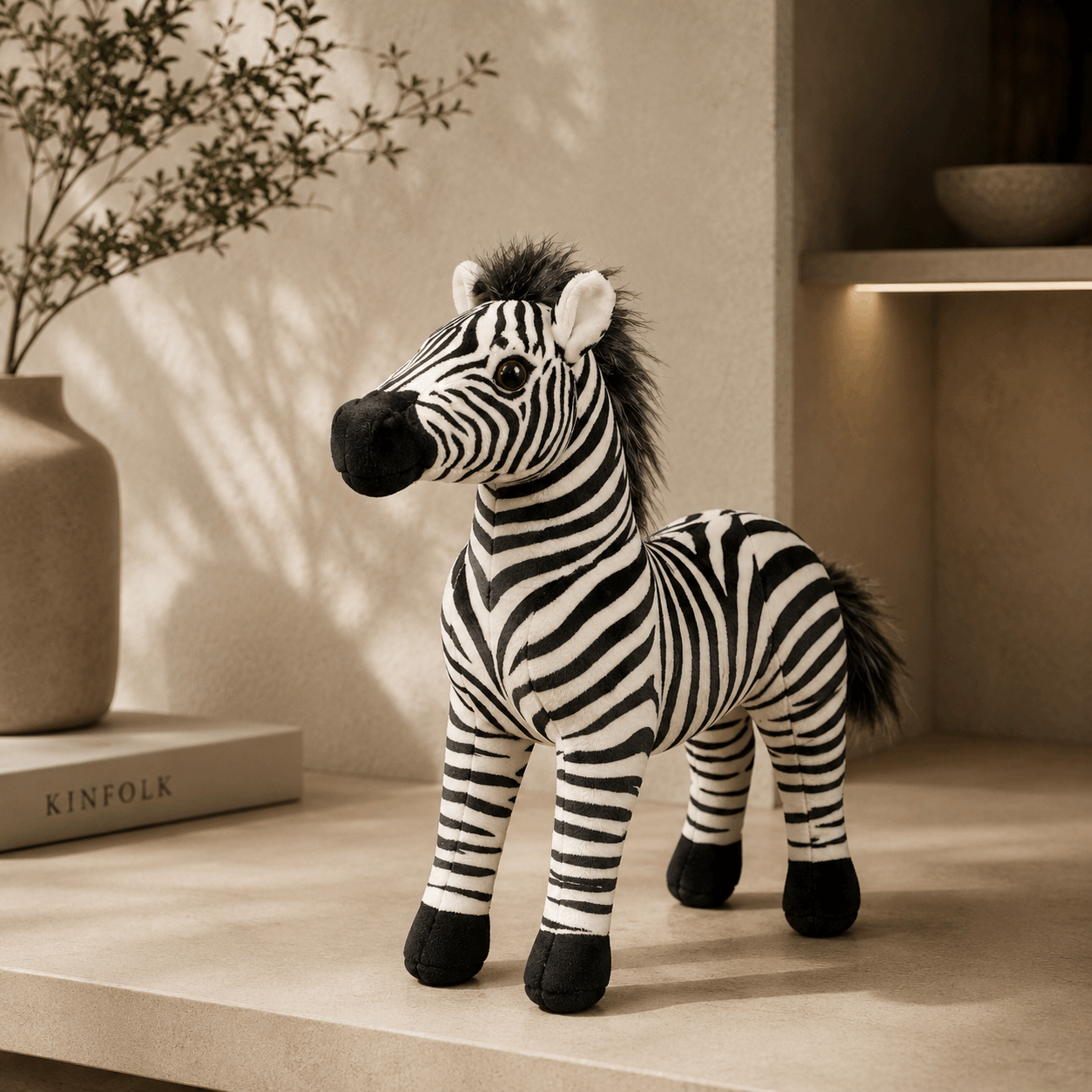 Stuffed zebra toy on a shelf with a neutral background