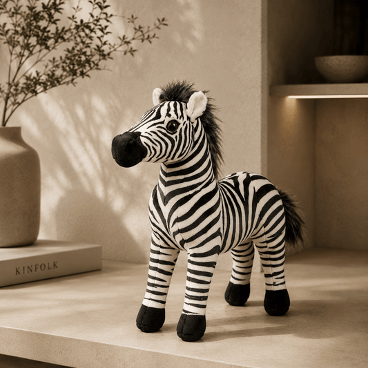 Stuffed zebra toy on a shelf with a neutral background