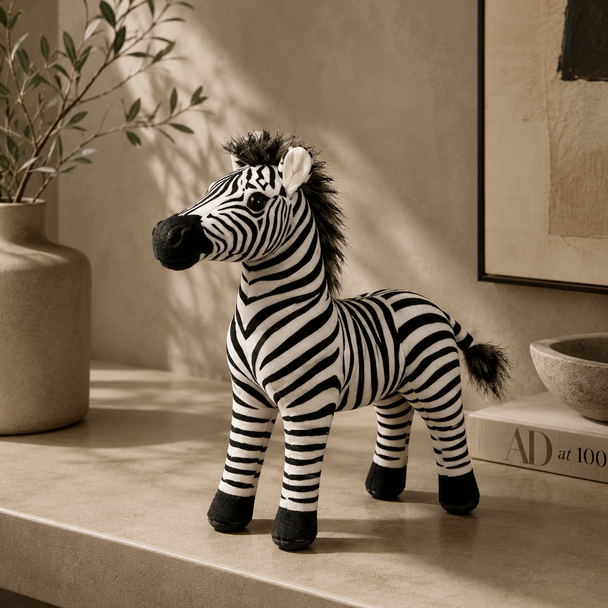 Stuffed zebra toy on a surface with a plant and books in the background