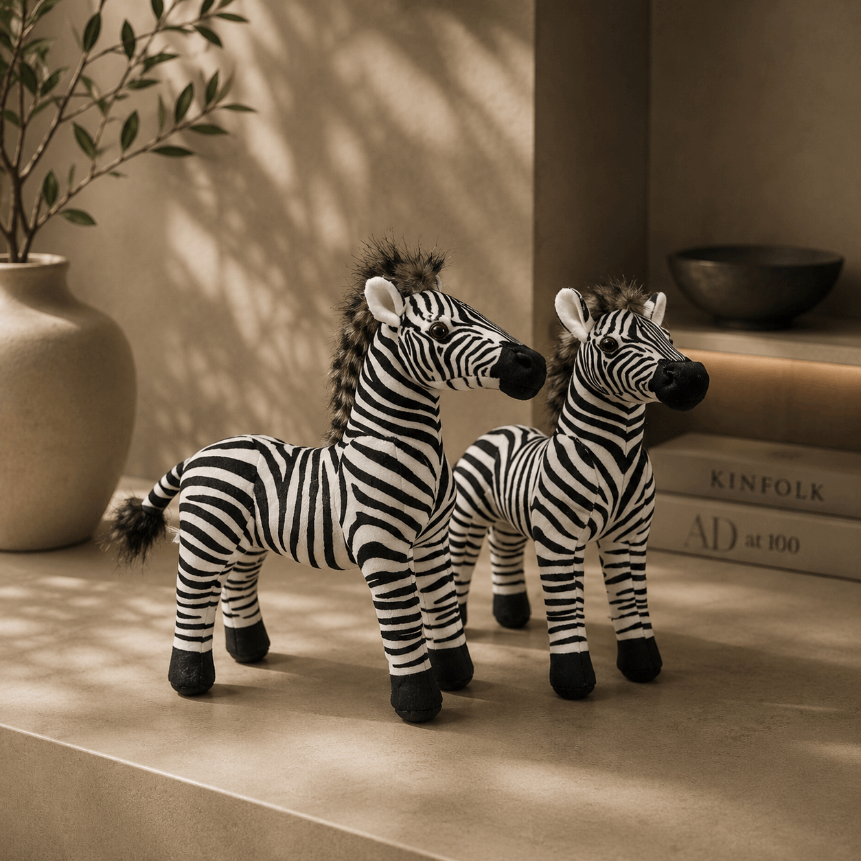 Two plush zebra toys on a wooden surface with a plant and books in the background.