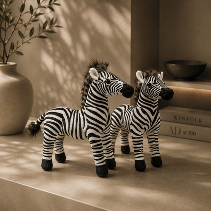 Two plush zebra toys on a wooden surface with a plant and books in the background.