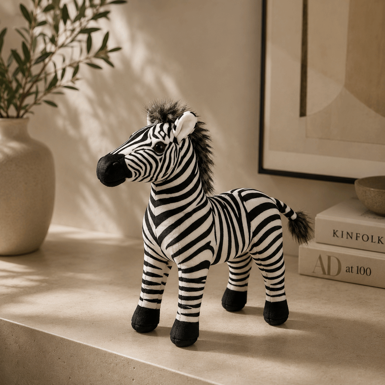 Stuffed zebra toy on a surface with books and a plant in the background
