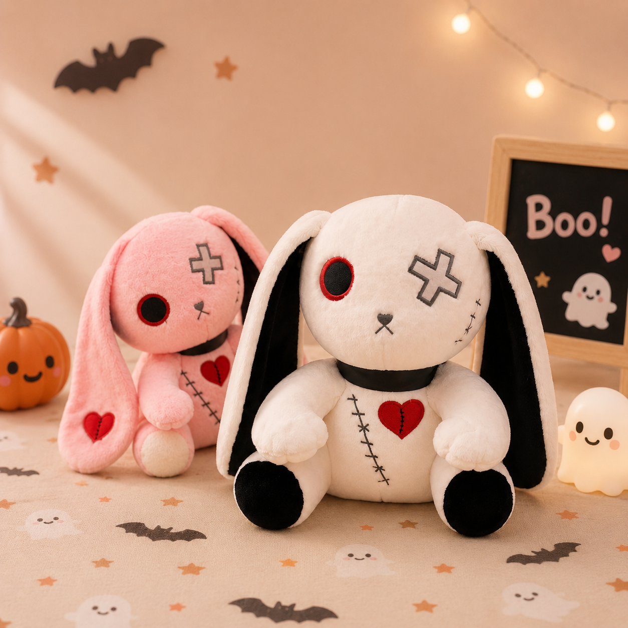 Two plush toys, one pink and one white, with bunny ears on a Halloween-themed background.
