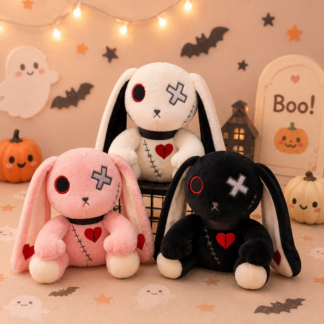 Three plush toys shaped like bunnies with Halloween-themed decorations in the background.