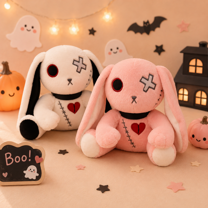 Two plush toys resembling bunnies with Halloween-themed decorations on a beige background.