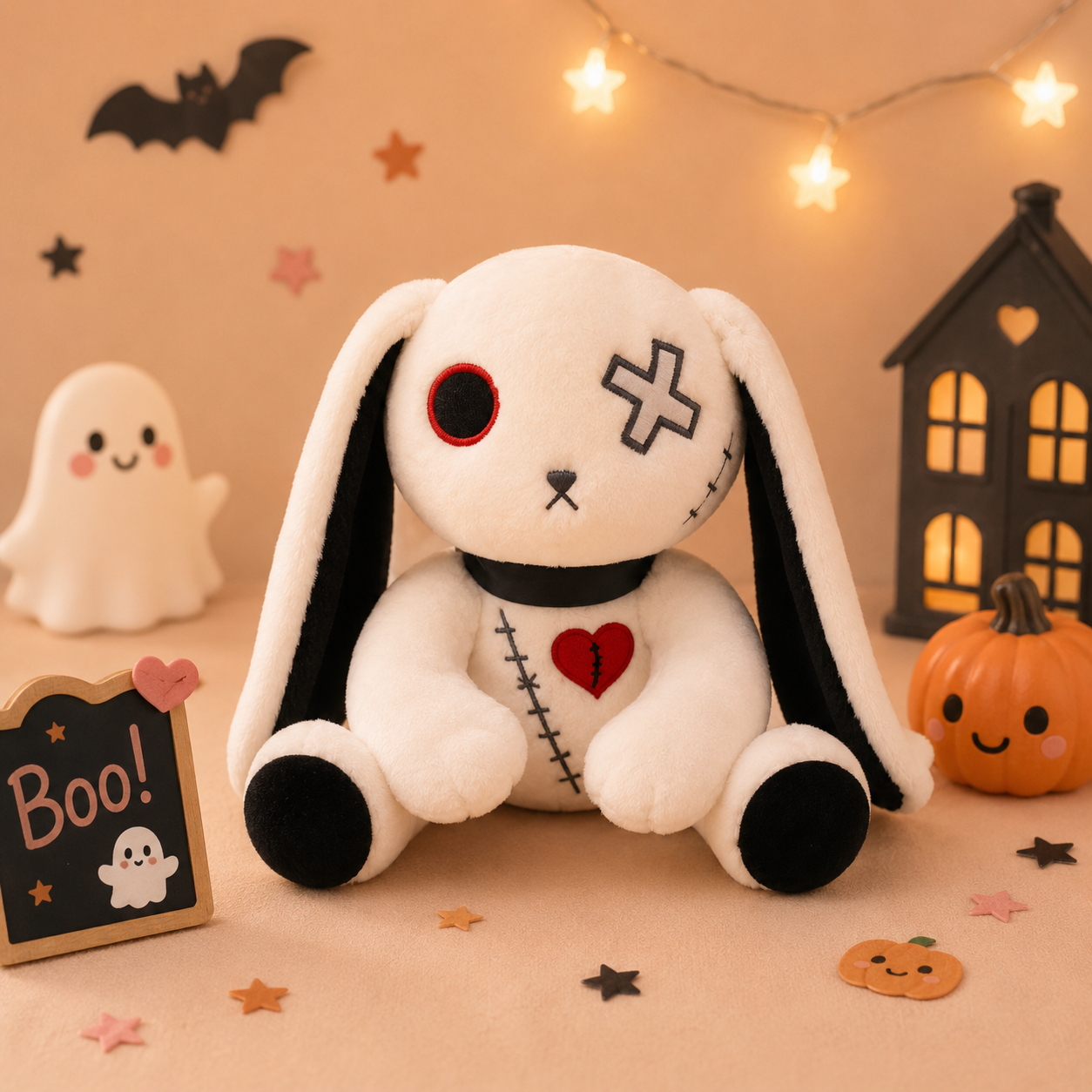 Halloween-themed plush toy with black and white rabbit design, surrounded by ghost, pumpkin, and haunted house decorations.