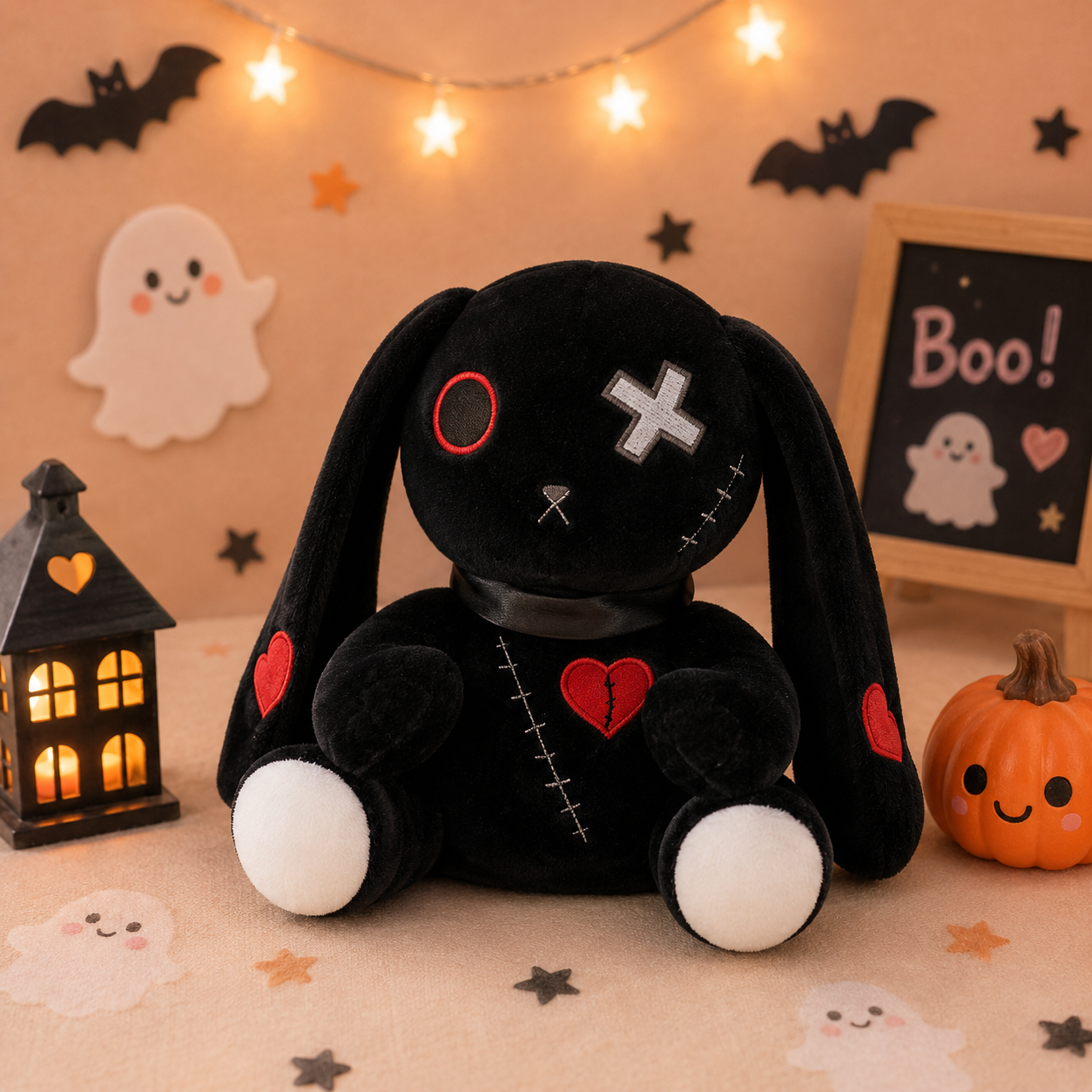 Black plush toy with white accents on a Halloween-themed background with pumpkins, ghosts, and bats.