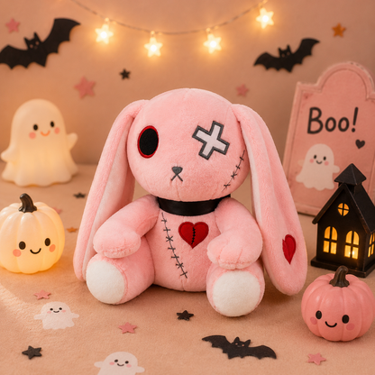 Pink plush bunny with Halloween decorations on a festive background