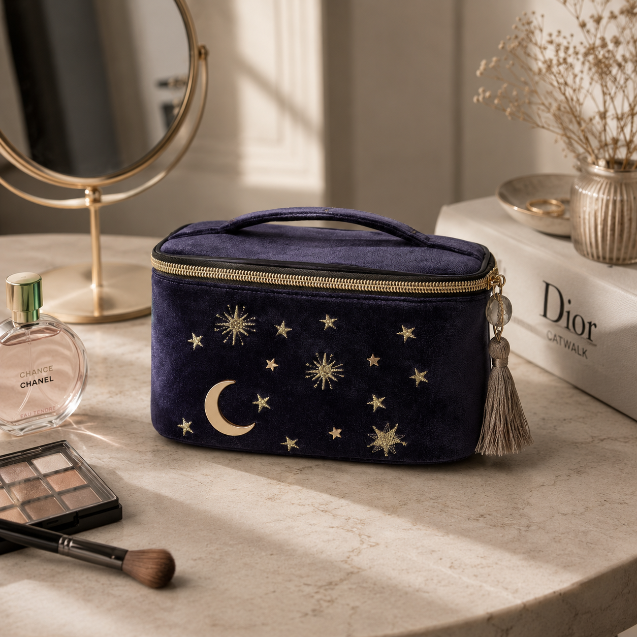 Navy blue cosmetic bag with star and moon designs on a marble surface with makeup items.