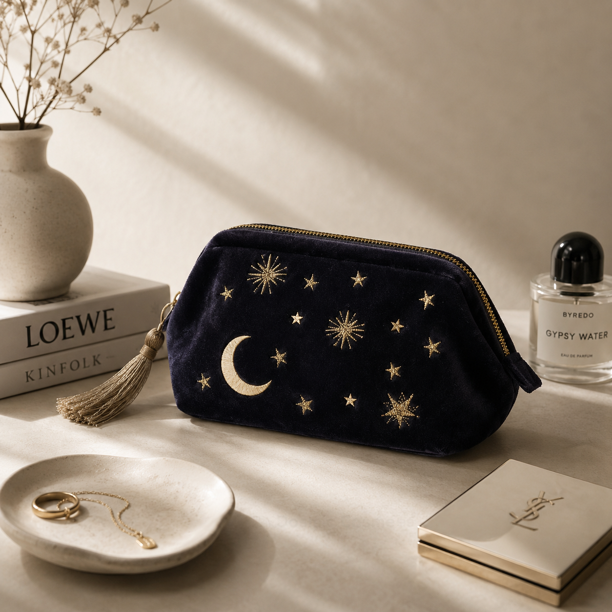 Navy blue pouch with star and moon designs on a surface with books and a bottle of perfume.