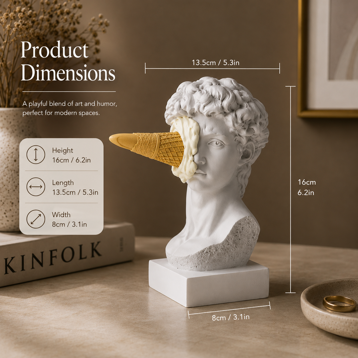 Decorative sculpture with ice cream cone nose on a table next to 'KINFOLK' book, with product dimensions displayed.
