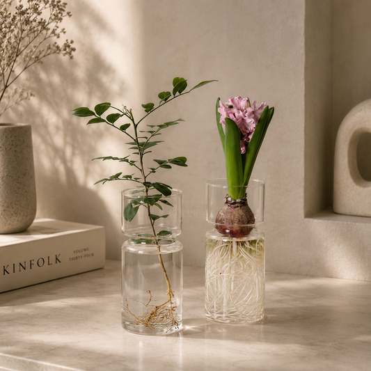 Two glass vases with plants on a neutral background