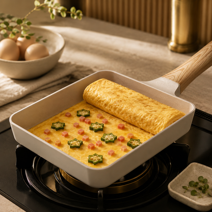 Omelette with toppings in a white pan on a stove, with eggs and a plant in the background.