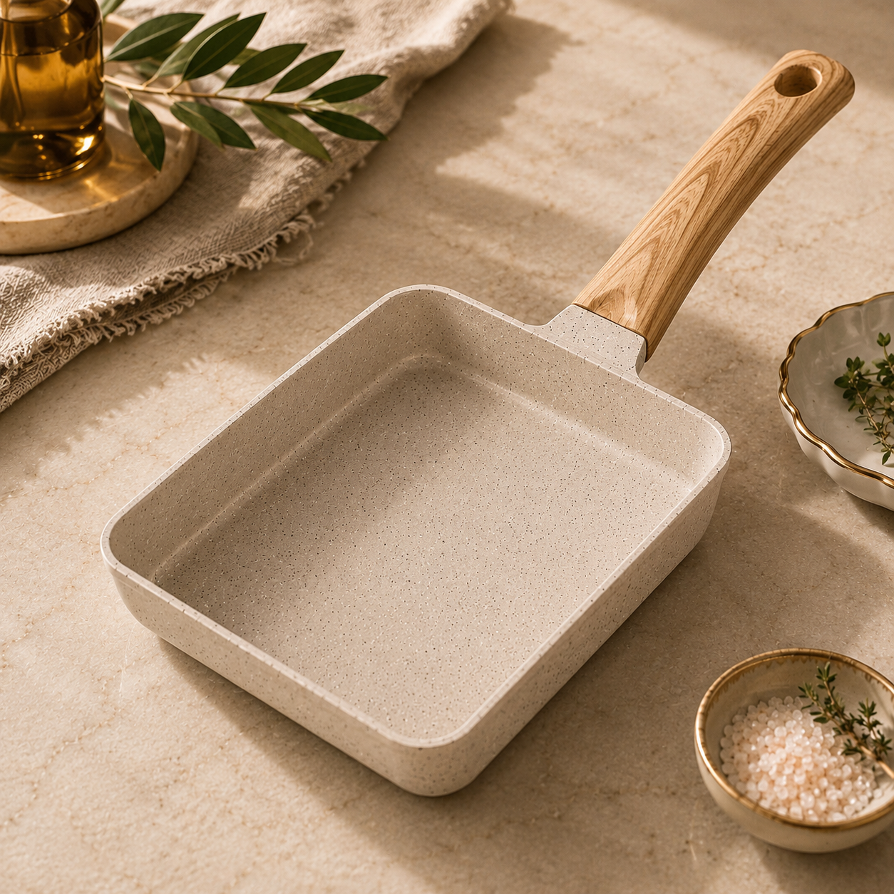 Small square frying pan with wooden handle on a beige surface with herbs and olive oil.