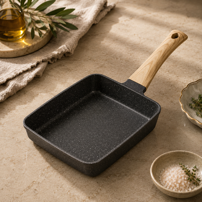 Black frying pan with wooden handle on a beige surface with kitchen items.