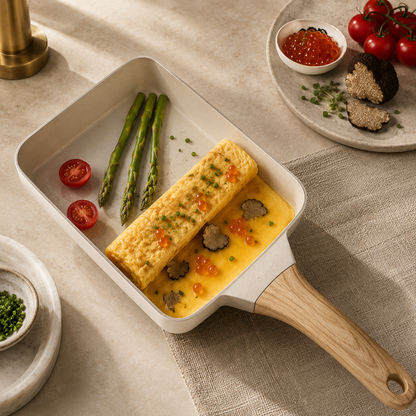 Fried omelette with vegetables in a white frying pan on a kitchen counter.