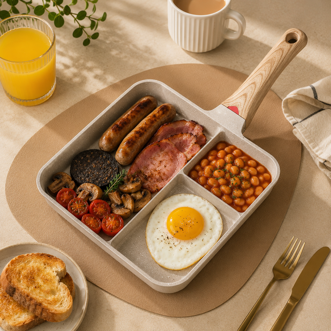 Breakfast platter with eggs, sausages, beans, and toast on a beige tablecloth.