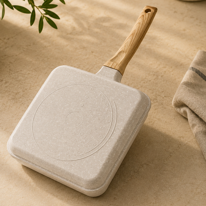 Small square frying pan with a wooden handle on a beige surface.