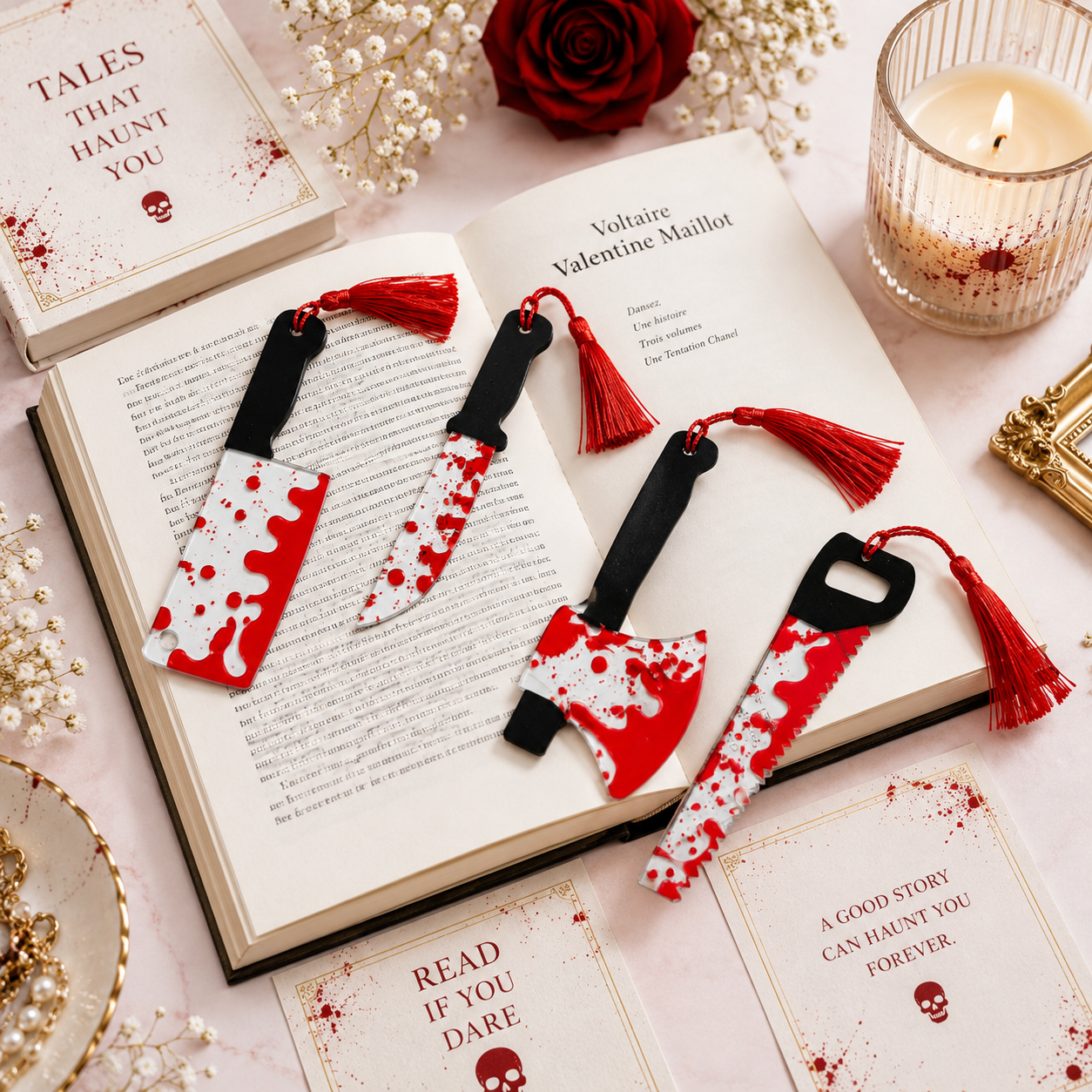 Decorative bookmarks with red and white design on an open book, surrounded by books and a candle.