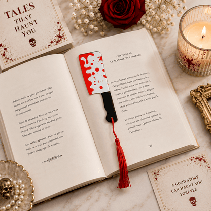 Open book with a bloody knife bookmark on a marble surface with a candle and decorative items.