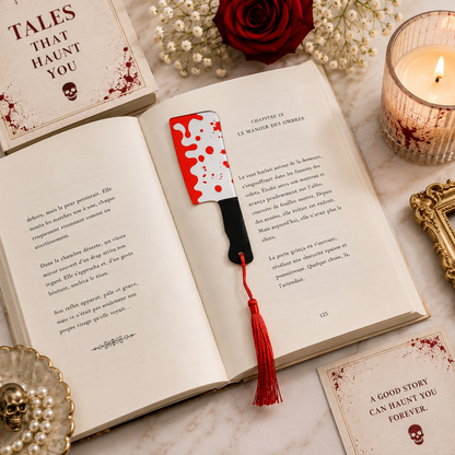 Open book with a bloody knife bookmark on a marble surface with a candle and decorative items.