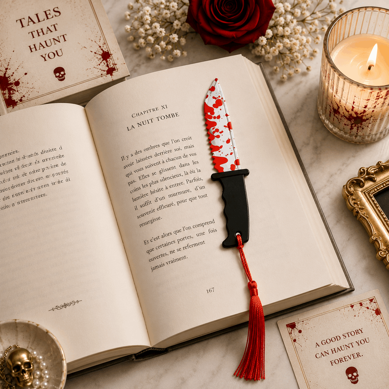 Open book with a knife-shaped bookmark on a table with candles and flowers