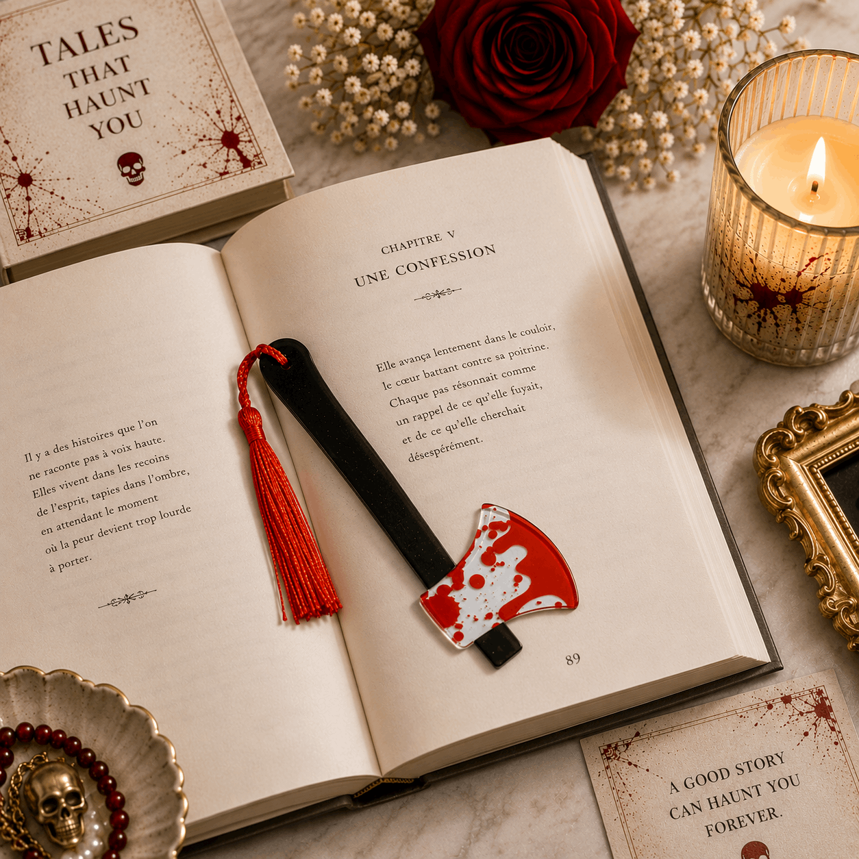 Open book with a red and white bookmark, candle, and decorative elements on a marble surface.