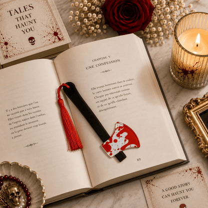 Open book with a red and white bookmark, candle, and decorative elements on a marble surface.