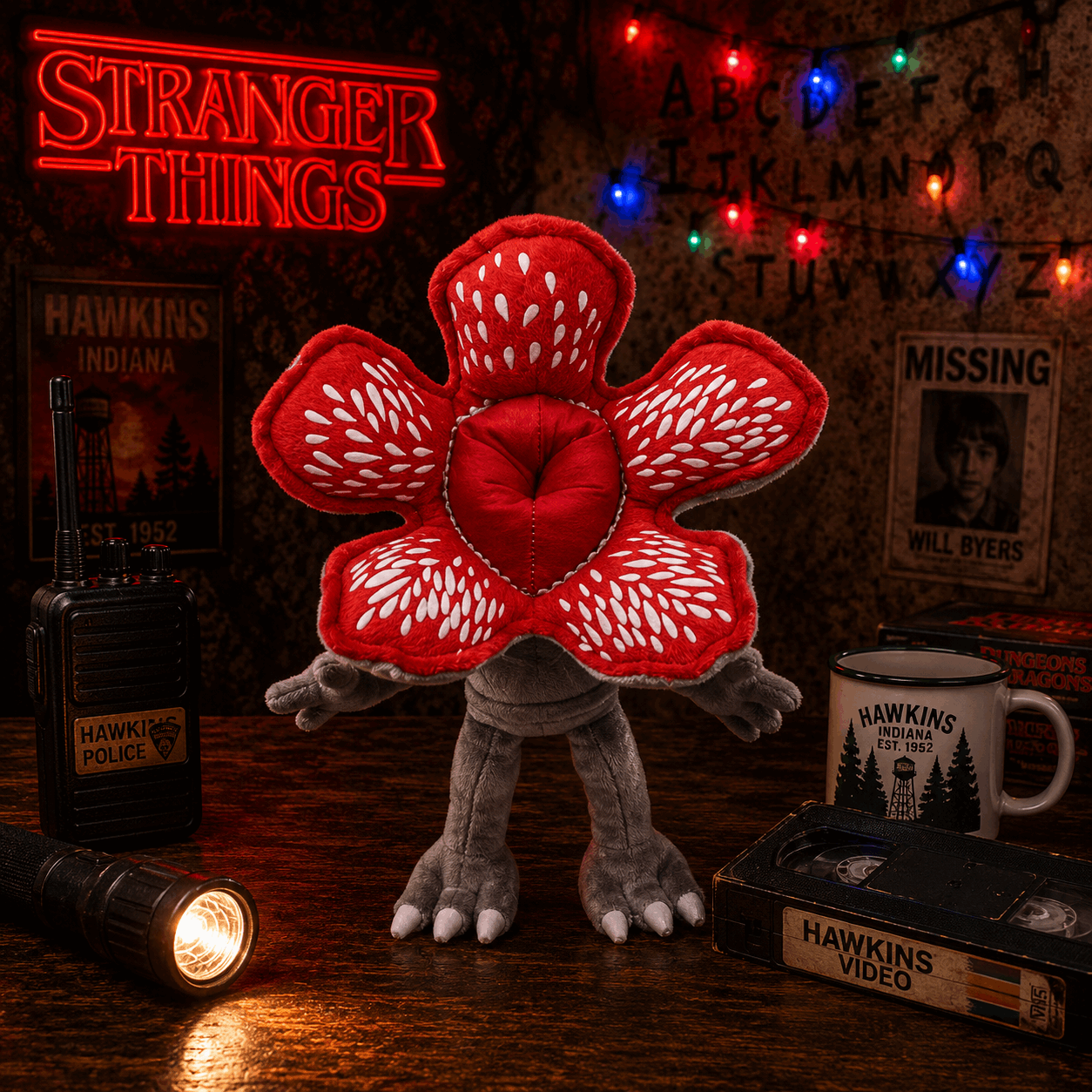 Stranger Things-themed plush toy with red flower-like design on a dark background with decorations.