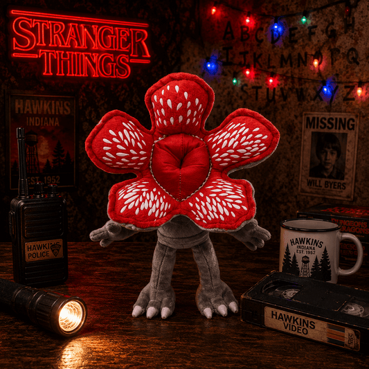 Stranger Things-themed plush toy with red flower-like design on a dark background with decorations.
