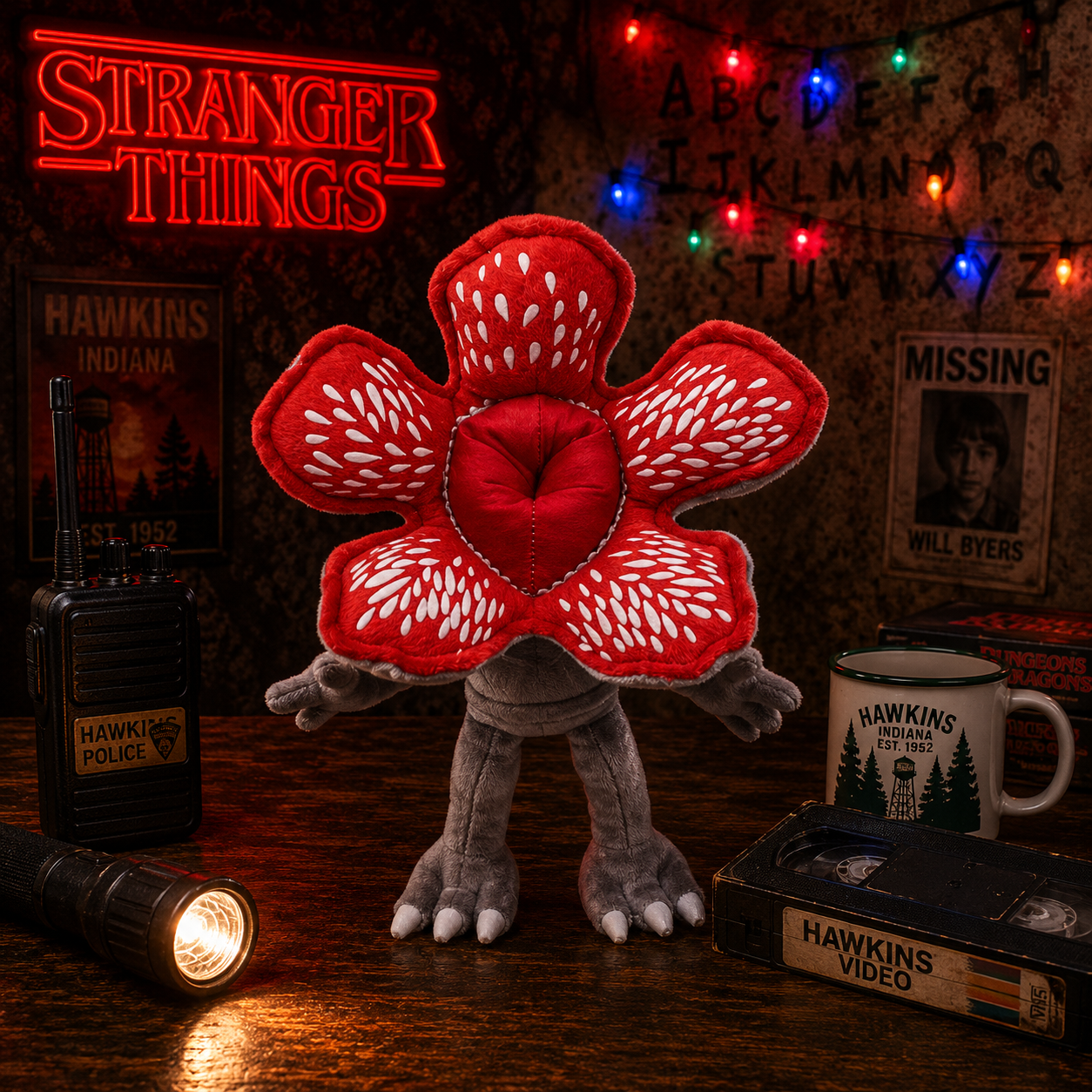 Stranger Things-themed plush toy with red flower-like design on a dark background with decorations.