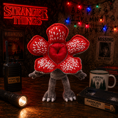 Stranger Things-themed plush toy with red flower-like design on a dark background with decorations.
