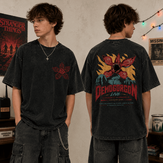 Stranger Things Demogorgon Vintage Washed T Shirt | Acid Wash Retro Horror Graphic Tee