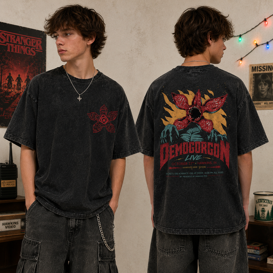 Stranger Things Demogorgon Vintage Washed T Shirt | Acid Wash Retro Horror Graphic Tee