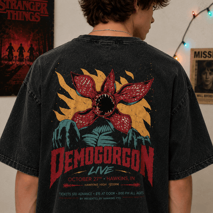 Stranger Things Demogorgon Vintage Washed T Shirt | Acid Wash Retro Horror Graphic Tee