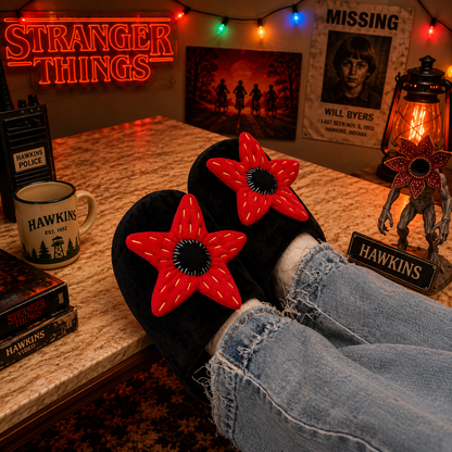 Person wearing black sandals with red star designs, sitting on a table with 'Stranger Things' themed decor.