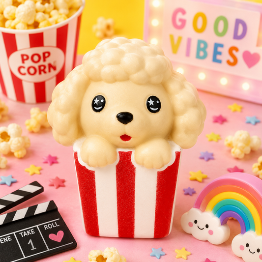 Cute dog-shaped popcorn bucket with popcorn and 'Good Vibes' sign on a colorful background