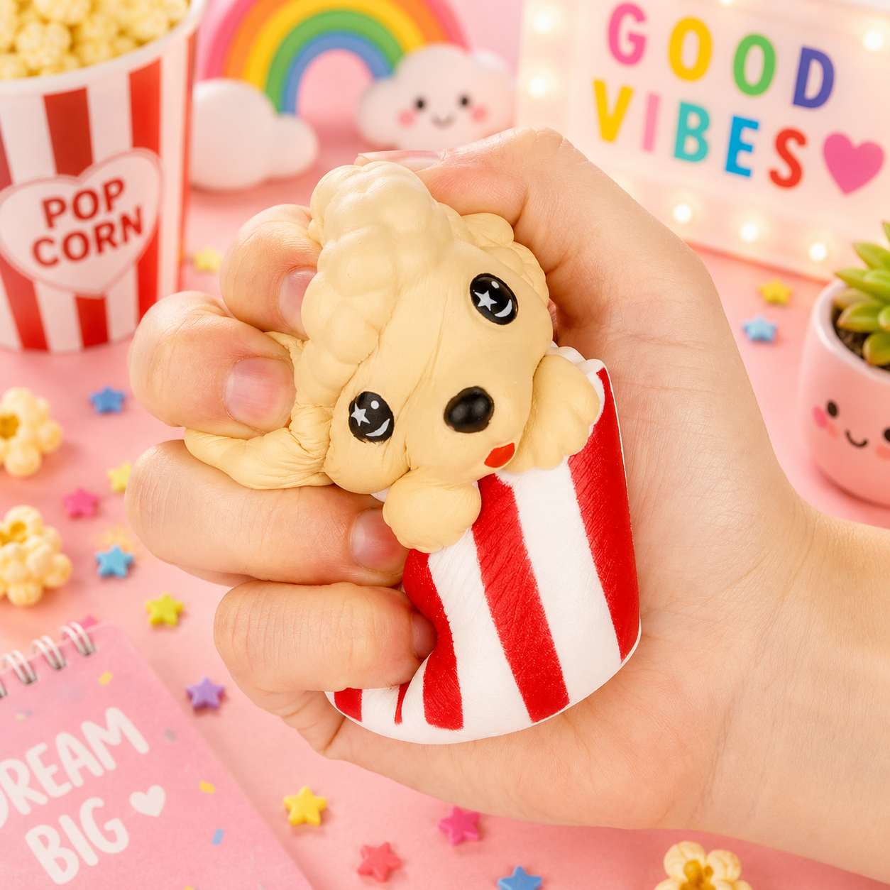 Hand holding a small dog-shaped stress reliever with a colorful background