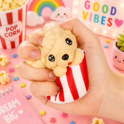 Hand holding a small dog-shaped stress reliever with a colorful background