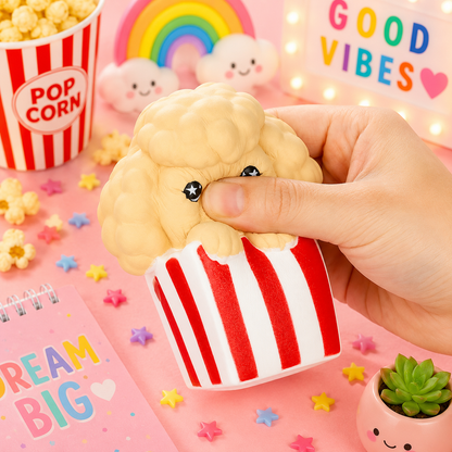 Squishy toy shaped like a popcorn kernel in a striped container held by a hand on a pink background with decorative elements.
