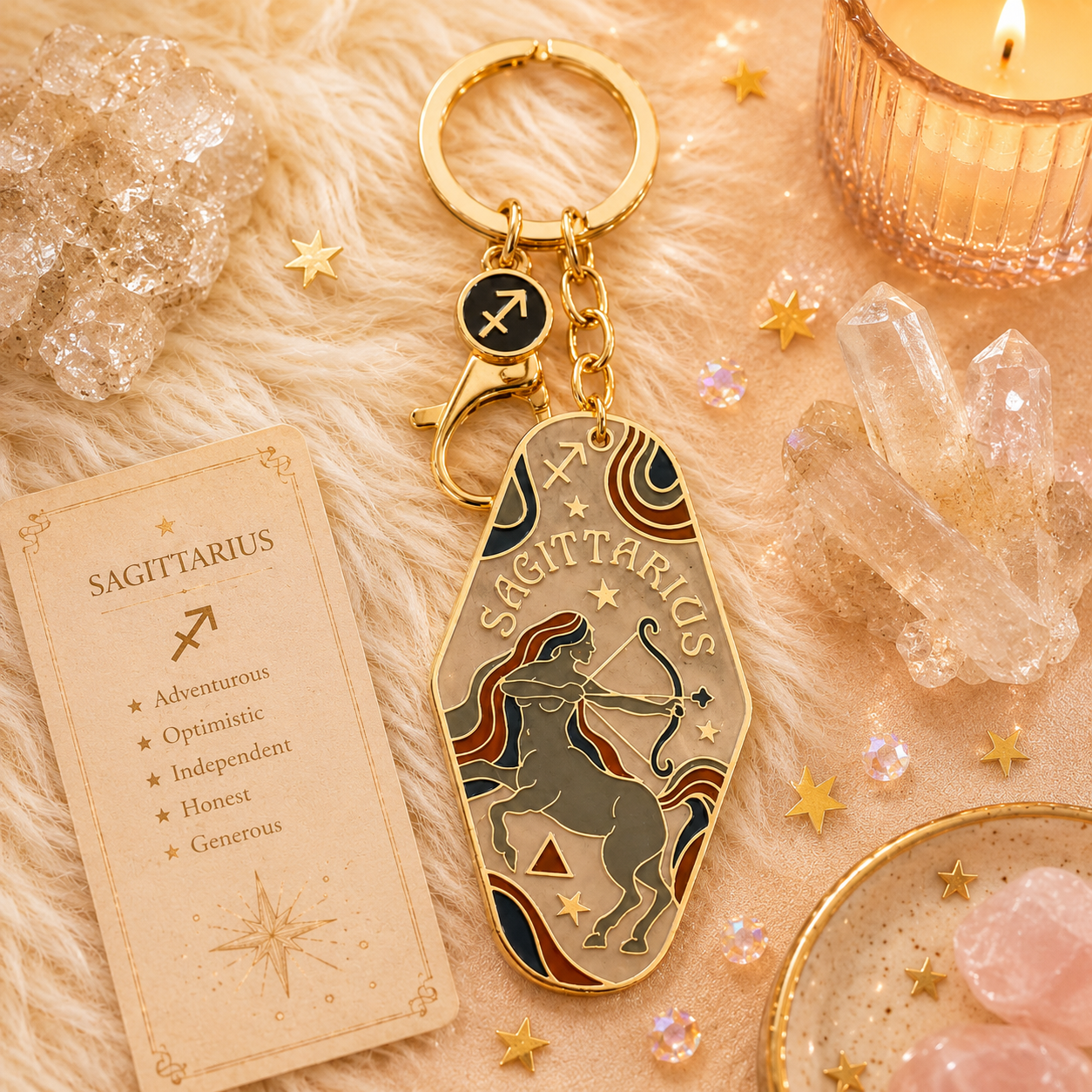 Sagittarius keychain with zodiac card and crystals on a soft surface