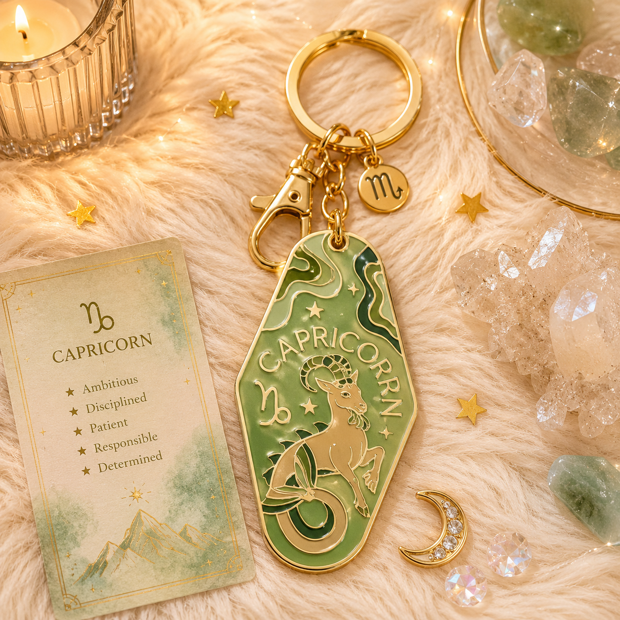 Capricorn zodiac keychain with card on a soft surface with crystals and candle