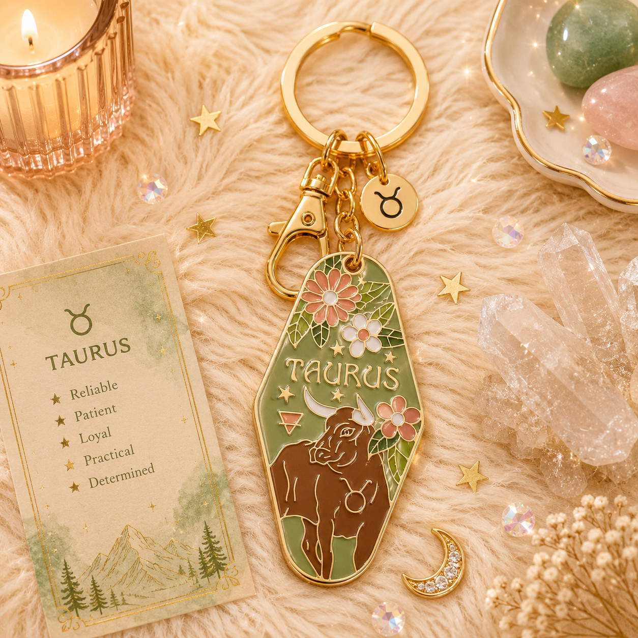 Taurus keychain with zodiac card on a textured surface with crystals and candle.