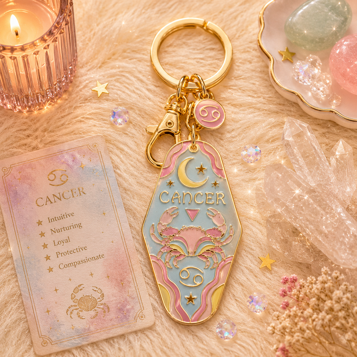 Keychain with Cancer zodiac design on a soft fabric background with decorative elements.