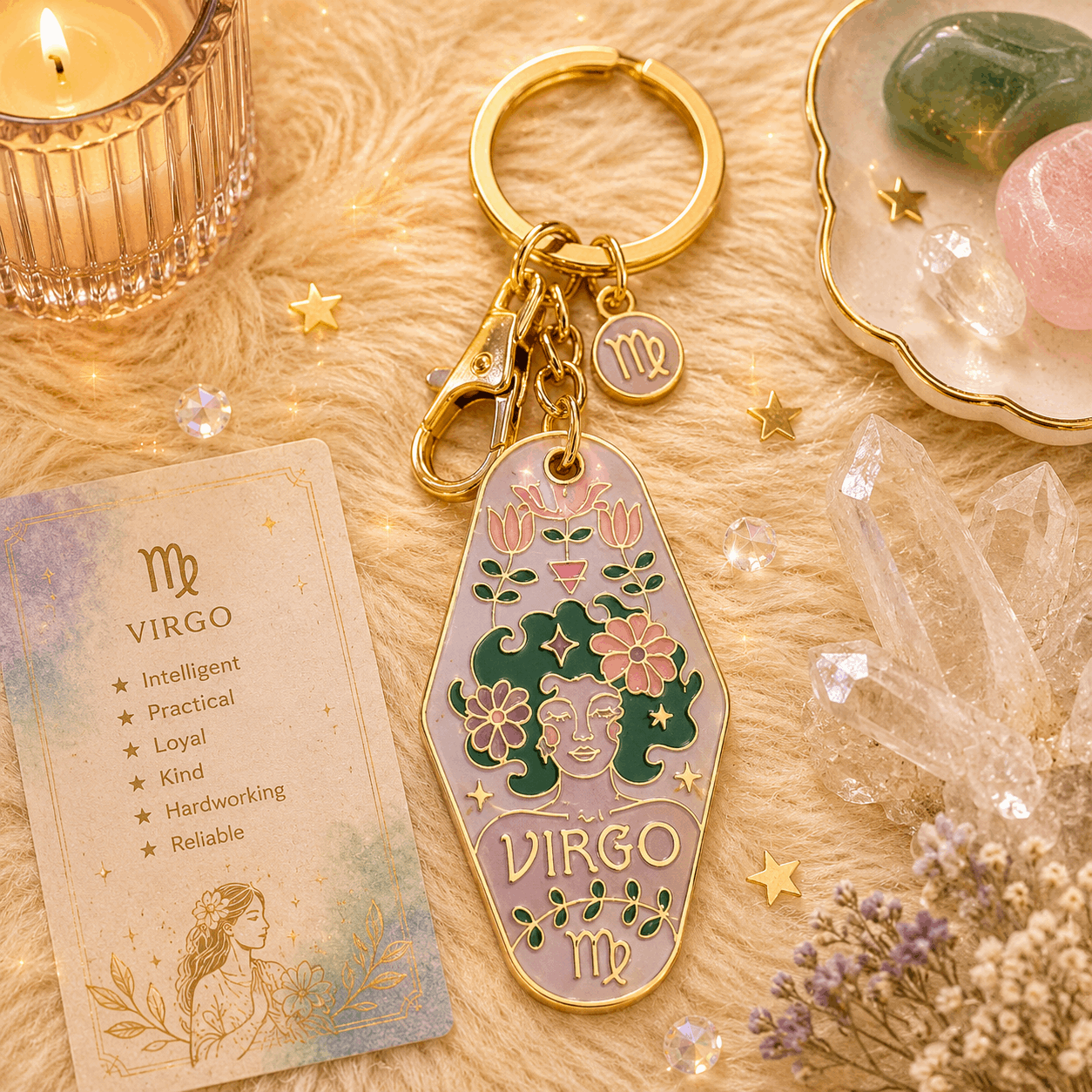 Keychain with Virgo zodiac design on a soft surface with decorative elements.