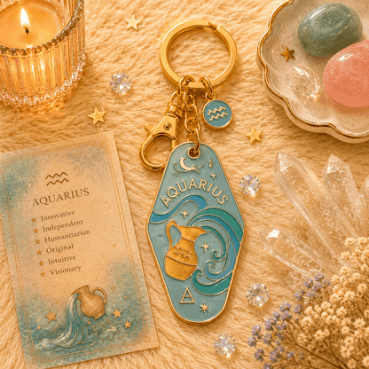 Aquarius keychain with astrological card and decorative items on a wooden surface