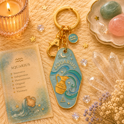 Aquarius keychain with astrological card and decorative items on a wooden surface