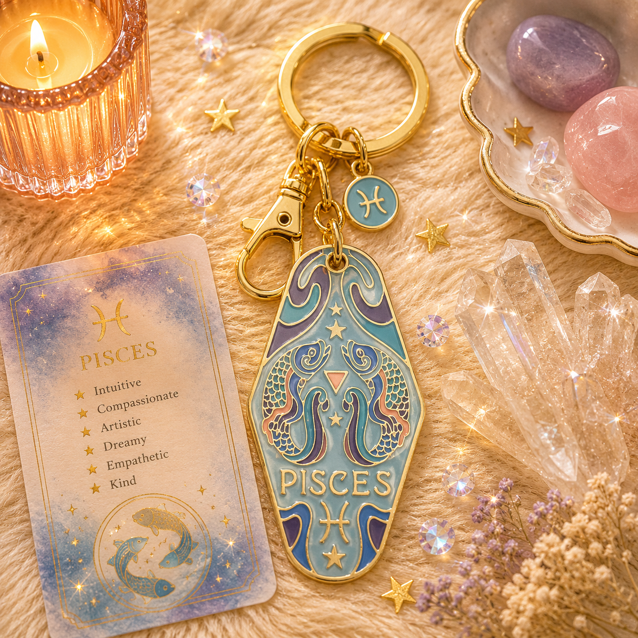 Pisces zodiac keychain with matching card on a decorative background with crystals and candle.